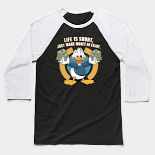 A vectordesign trending concept for A cartoon happy character duck, holding bundles of money in both his hands. (3) Baseball T-Shirt